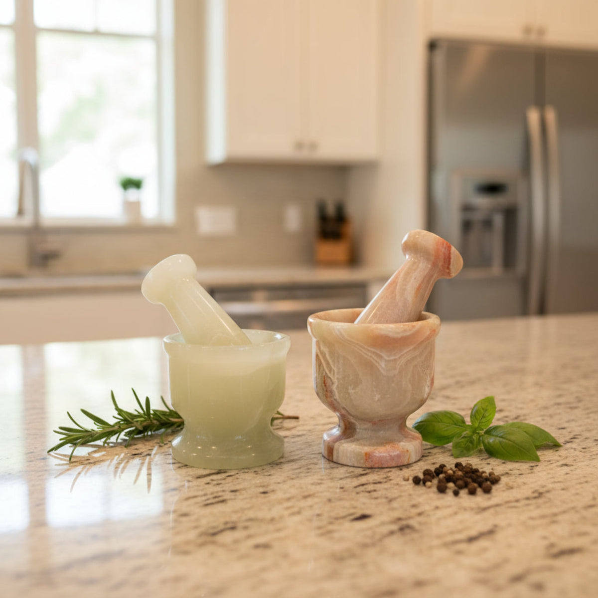 Two - 2 Inch Onyx Mortar And Pestle sitting on kitchen counter.