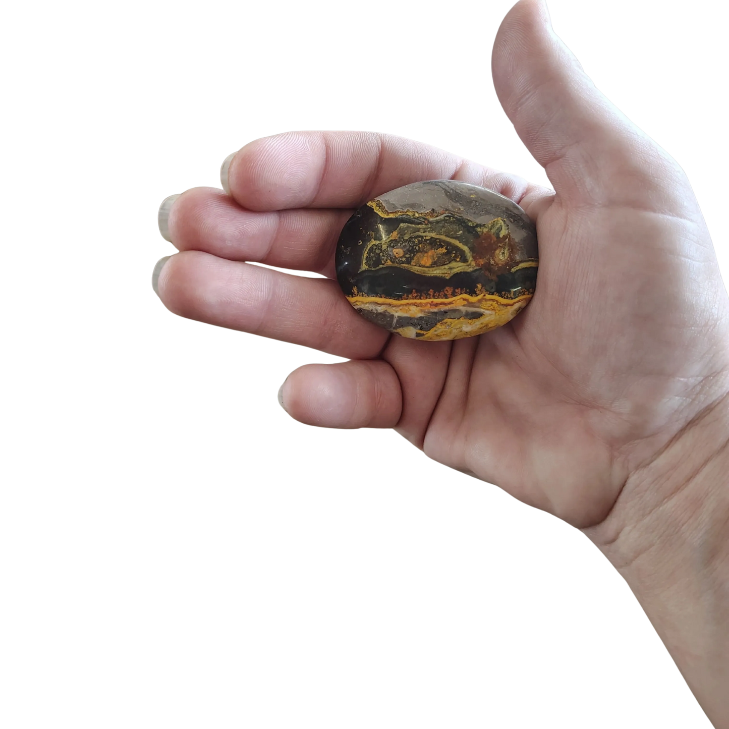 This is the back side of this Bumble Bee Jasper palm stone