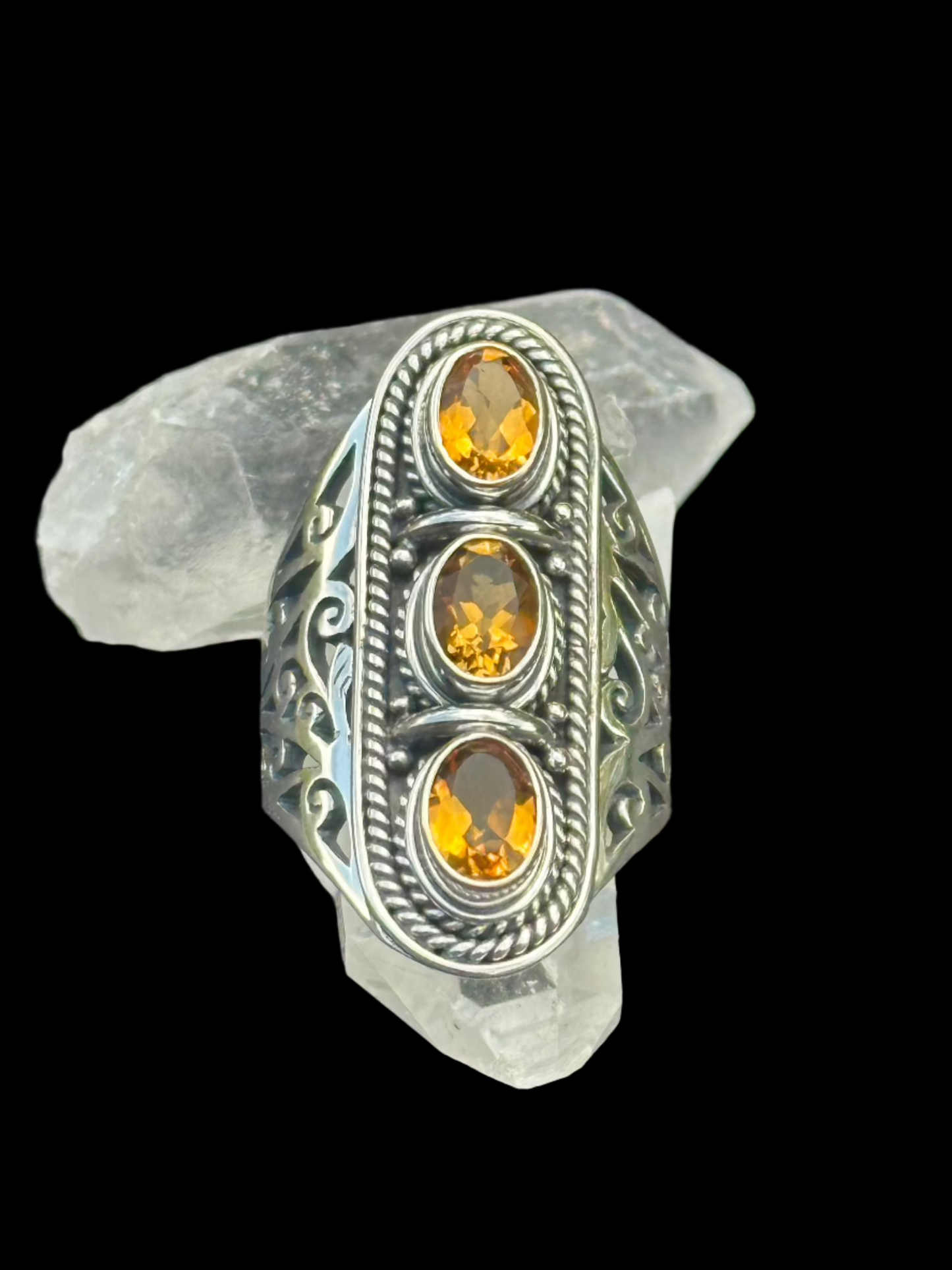 Top View Of 3 Oval Cut Citrine Stone Ring