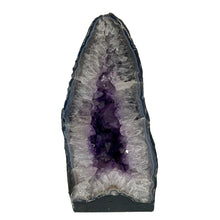 Load image into Gallery viewer, Front Of Amethyst Geode Cathedral, Shiny Quartz And Amethyst Crystals With A Small Layer Of Blue Agate Around The Edge
