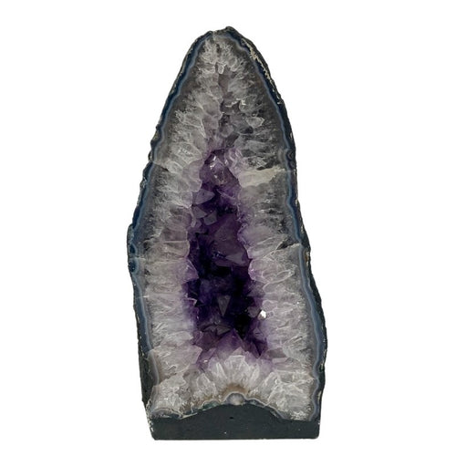 Front Of Amethyst Geode Cathedral, Shiny Quartz And Amethyst Crystals With A Small Layer Of Blue Agate Around The Edge