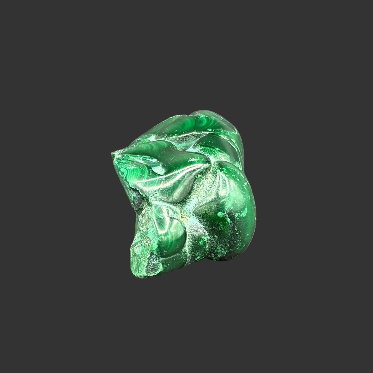 Sde view of polished green Malachite specimen in front of a black background.