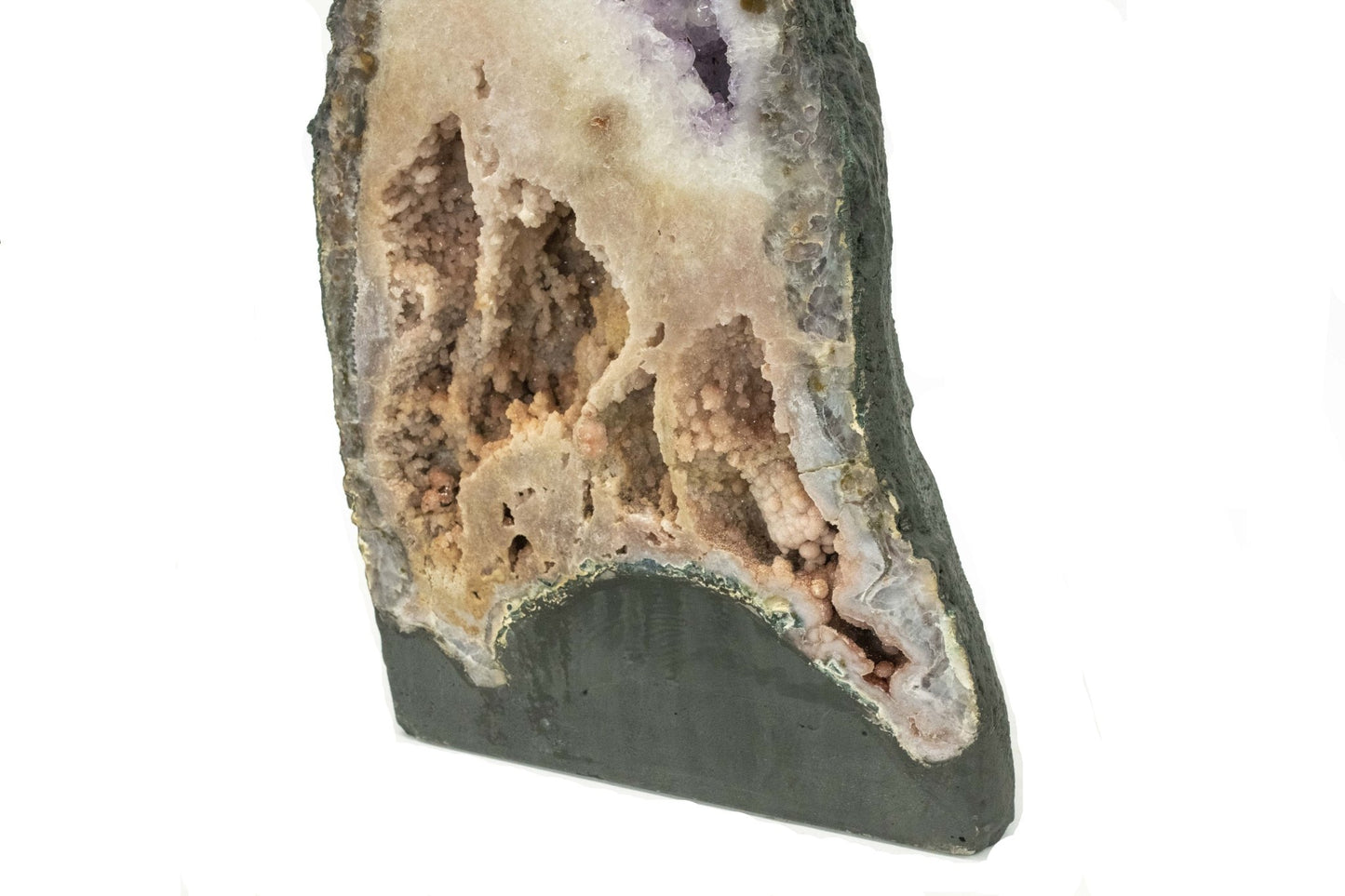 Close Up of the pink drusy within an Amethyst Cathedral