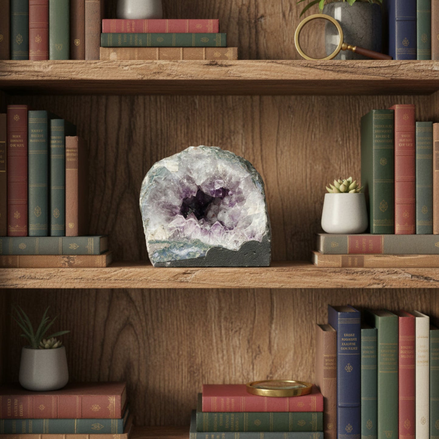 Small purple Amethyst cathedral laced on a bookshelf with many books.