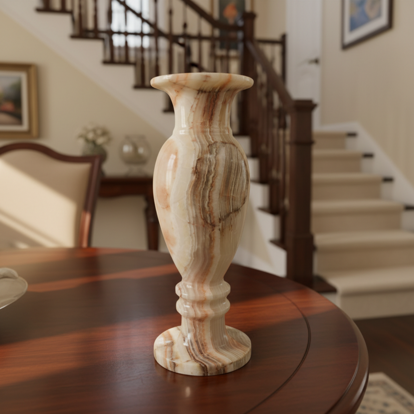 Artisan Vase Carved Mineral Onyx Vessel on a table close to a staircase.