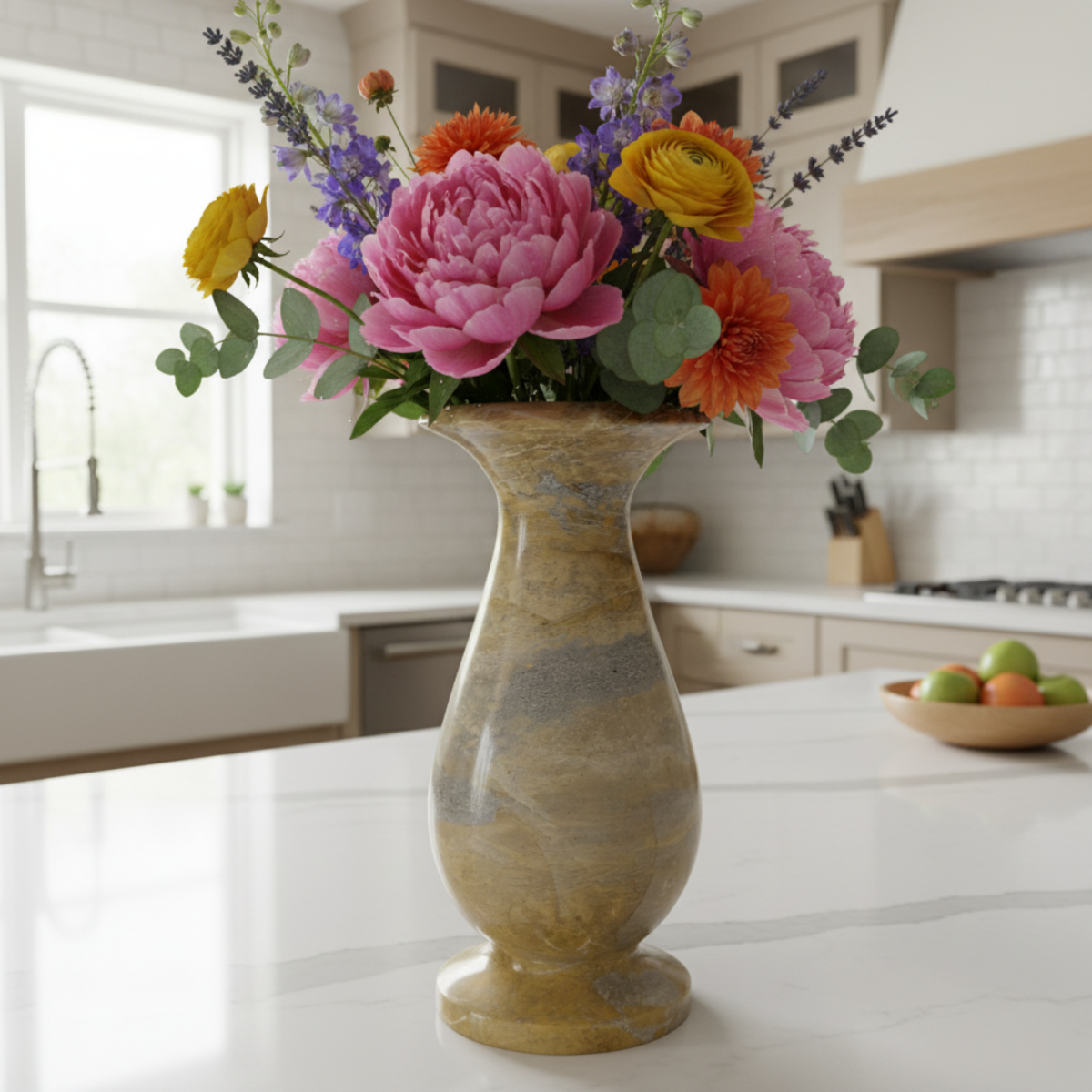 Artisan Vase Carved Peacock Marble Silhouette Vase Tabletop Accent, and on a kitchen counter.