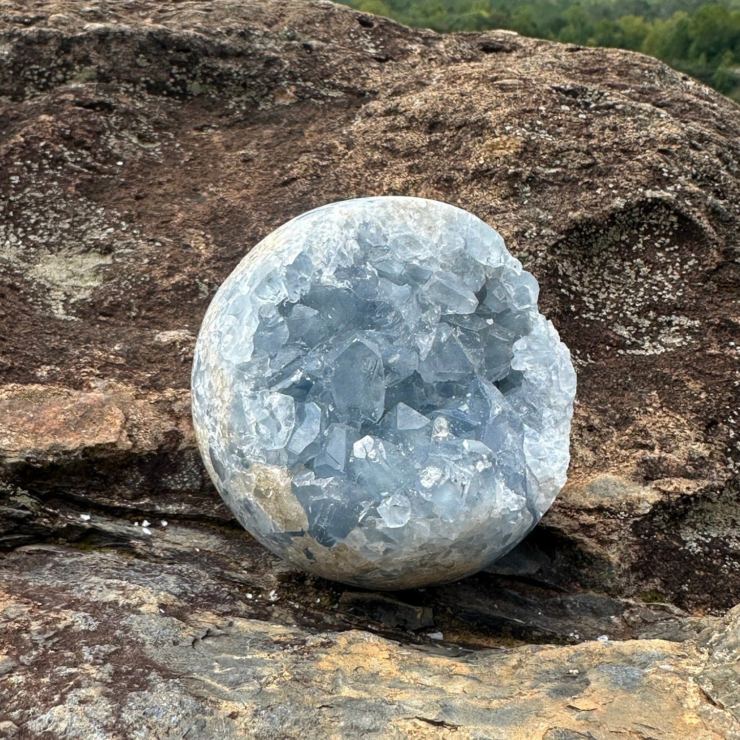 Front View Blue Celestite Sphere On Boulder