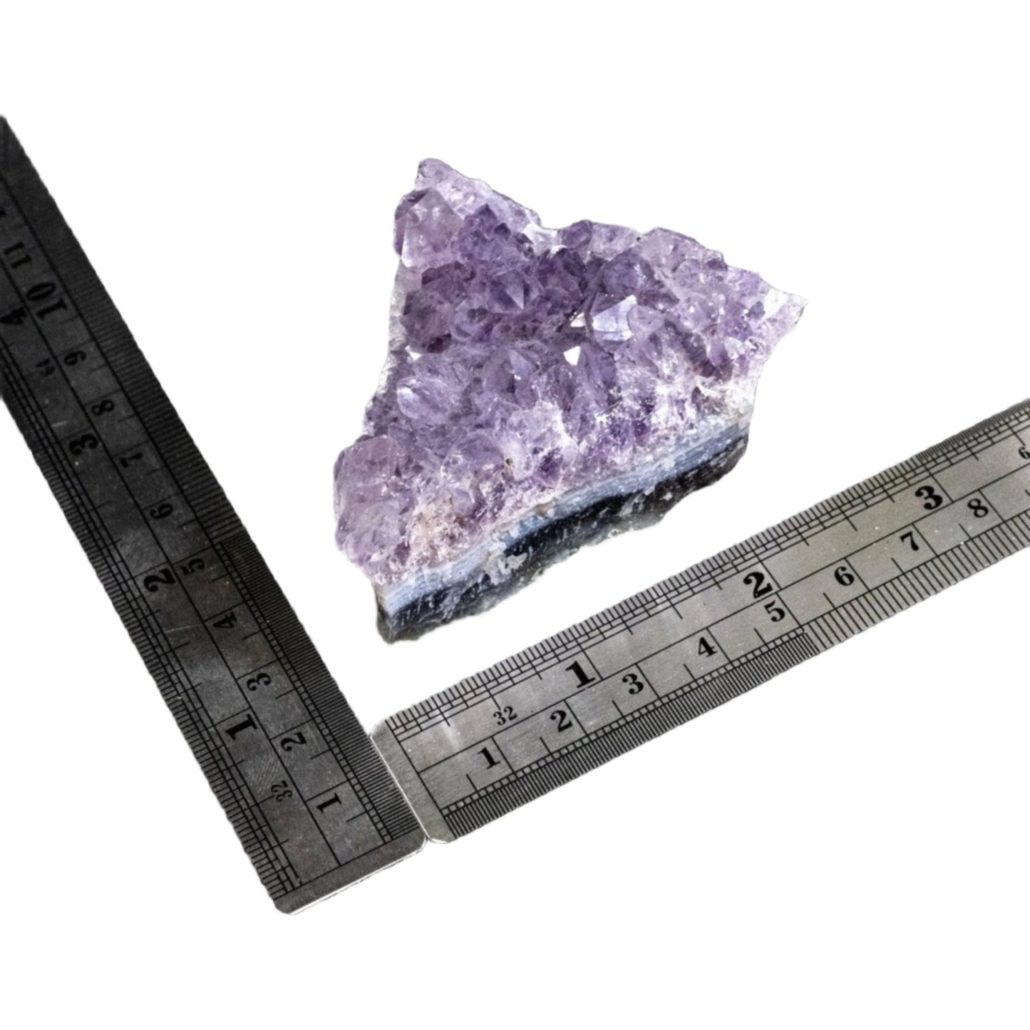 Small Amethyst Raw Dark Purple Cluster With Two Metal Rulers