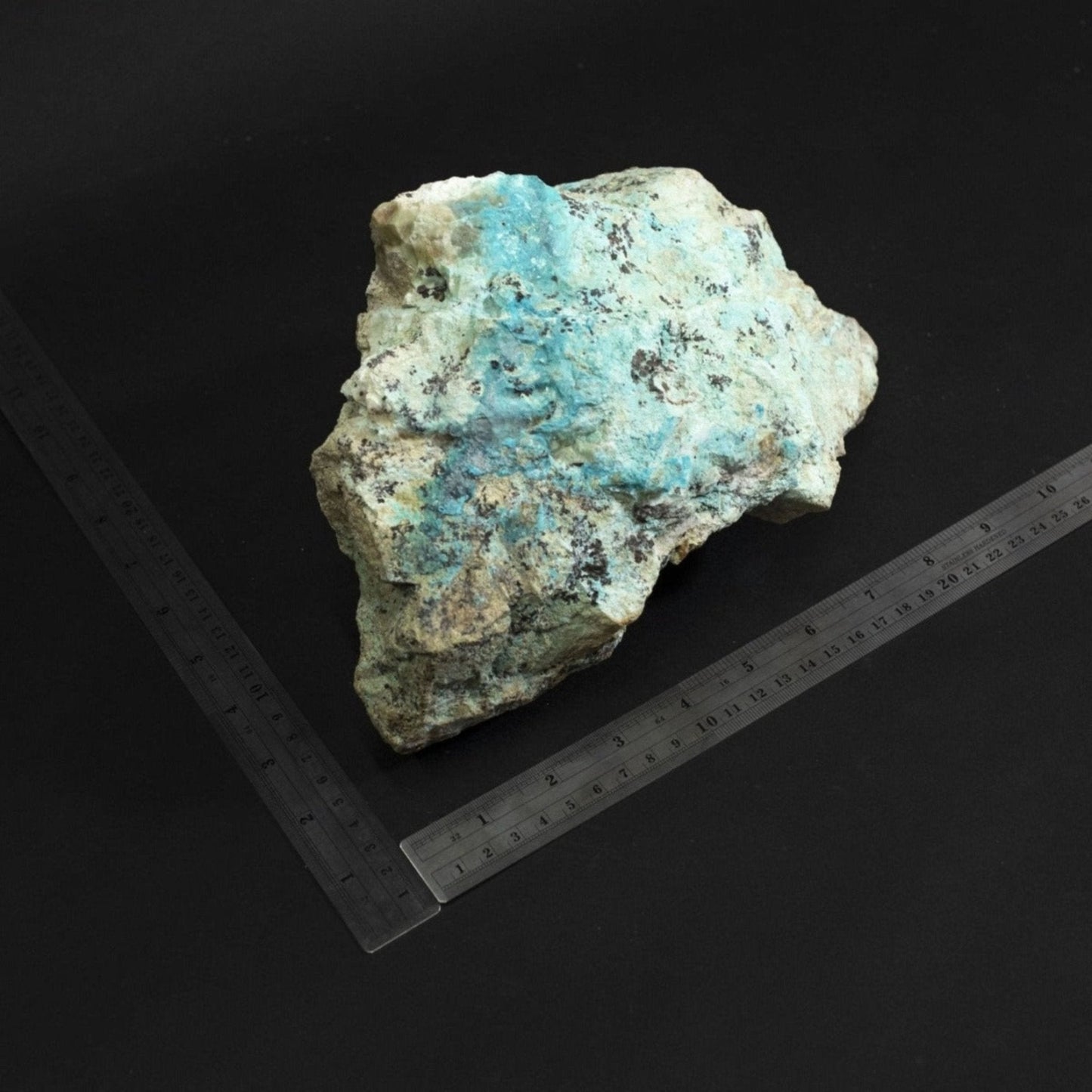 Alternate View Of Raw Chrysocolla Stone With A Metal Ruler