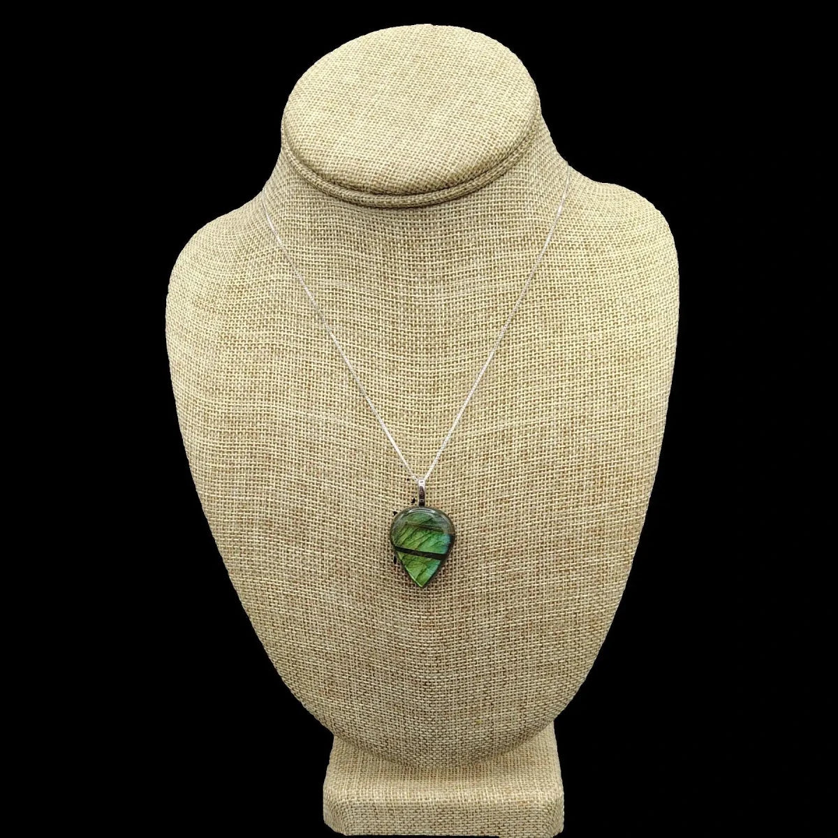 This is the front side of this rain drop shaped labradorite pendant Sterling Silver box chain necklace