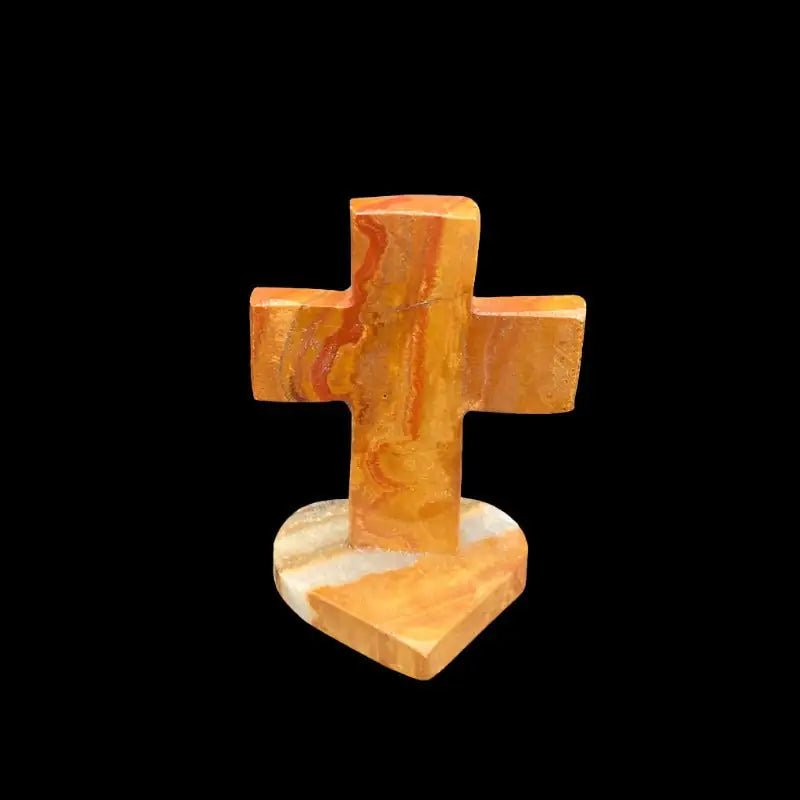 Small Onyx Cross With Heart Shaped Base, This Cross Is Mostly Marbled With Different Hues Of Brown, But Also Has Some Brown