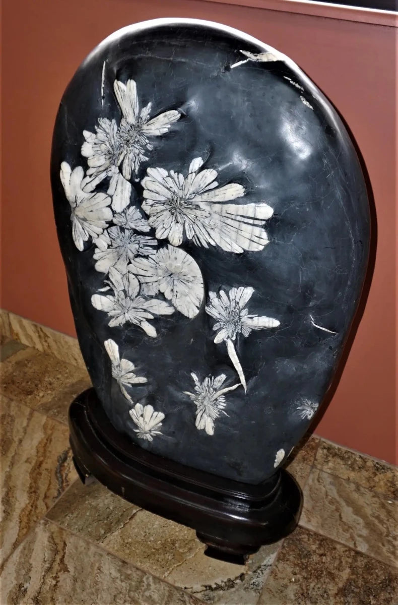 Chrysanthemum Stone On Ornate Wood Base Side View