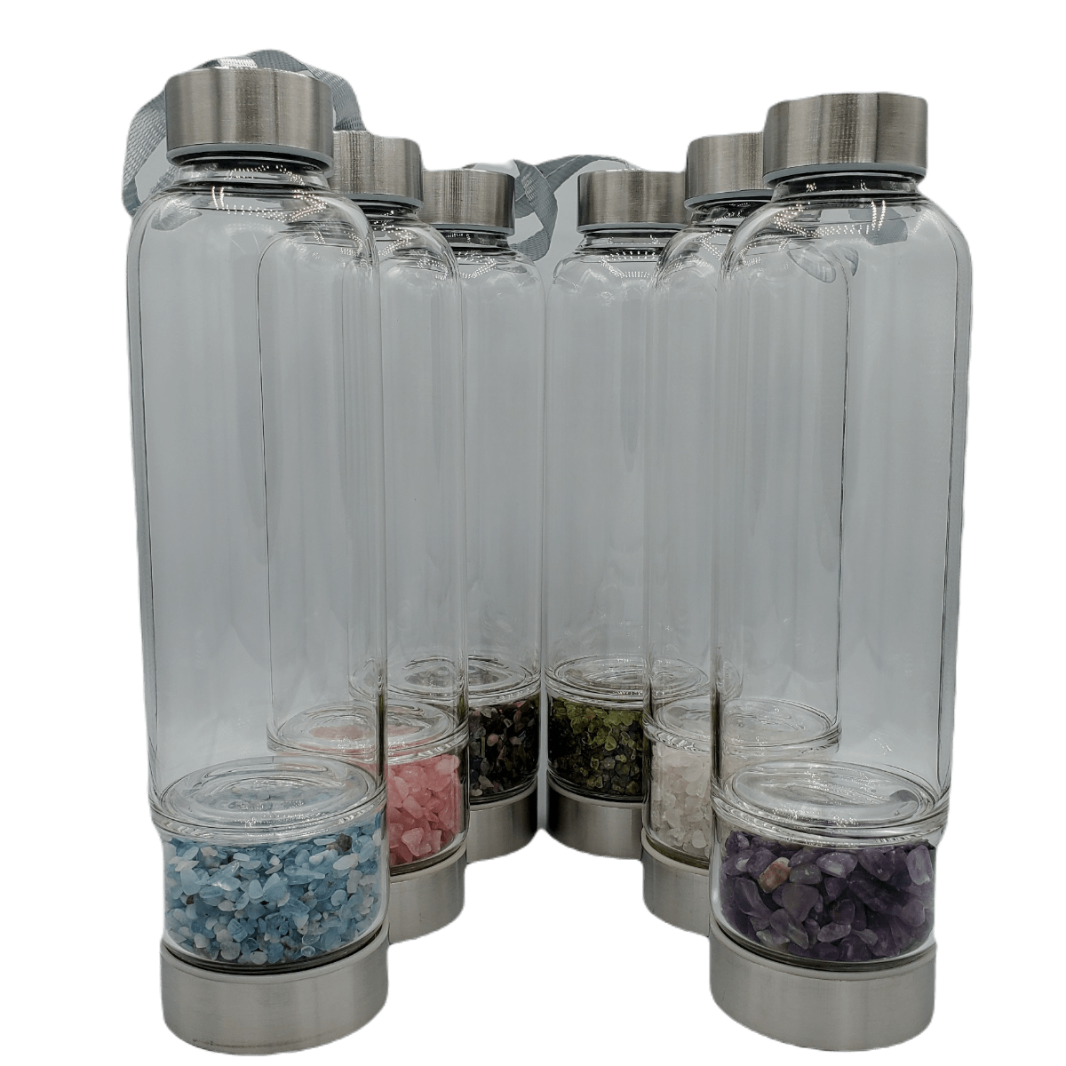 Gem Crystal Chip Glass Water Bottle Amethyst, Olivine, Rose Quartz, Aquamarine, Tourmaline