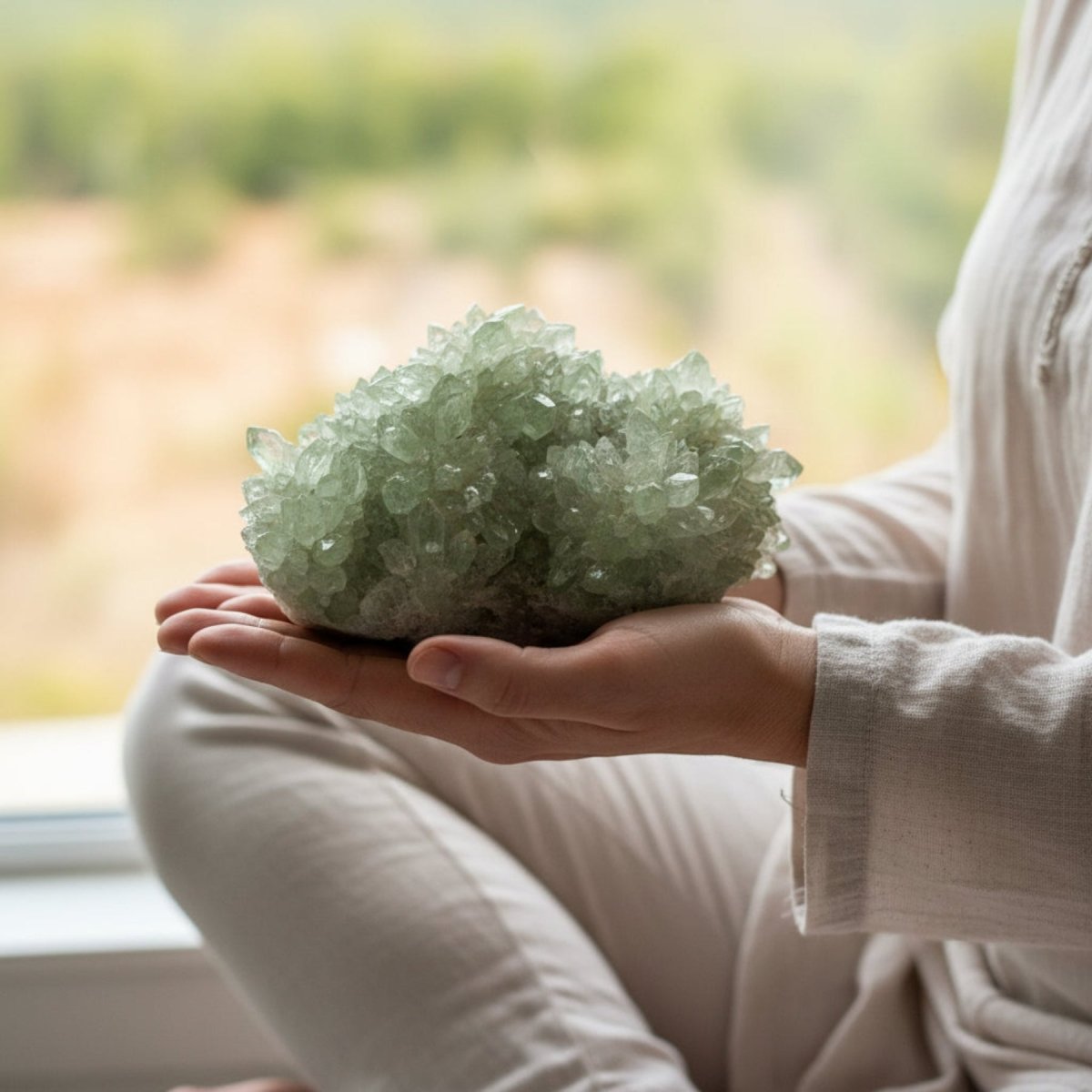 Green quartz stalagmite in the palm on hands during meditation.