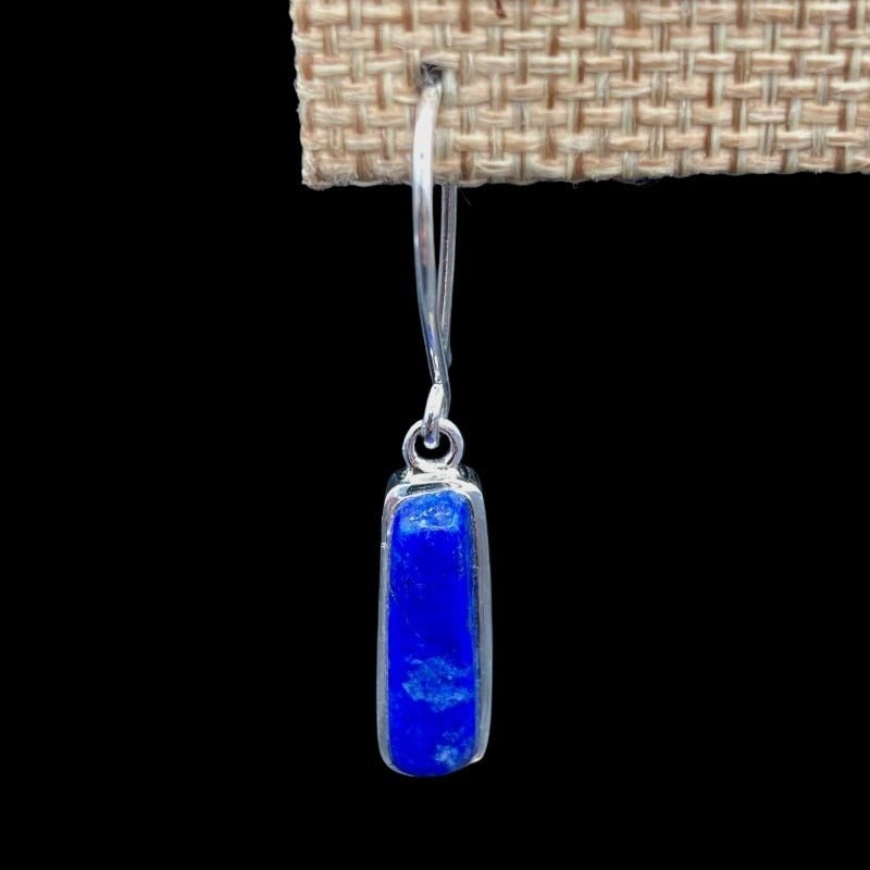 Lapis Earring Sterling Silver Rectangular Shape Dangle Style On Burlap Display Stand