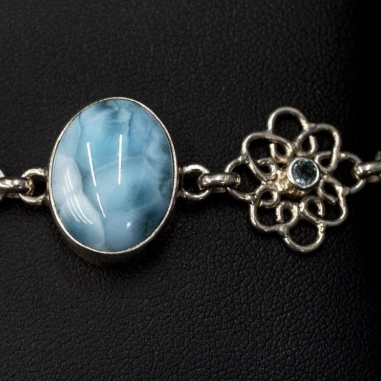 Close Up Of Blue Larimar Cabochon and faceted blue topaz set in sterling bezel