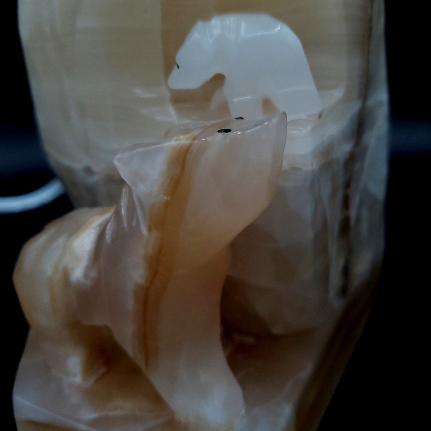 Close Up Of Lighting Lamp Tabletop Carved Onyx Stone Three Bears Lamp.