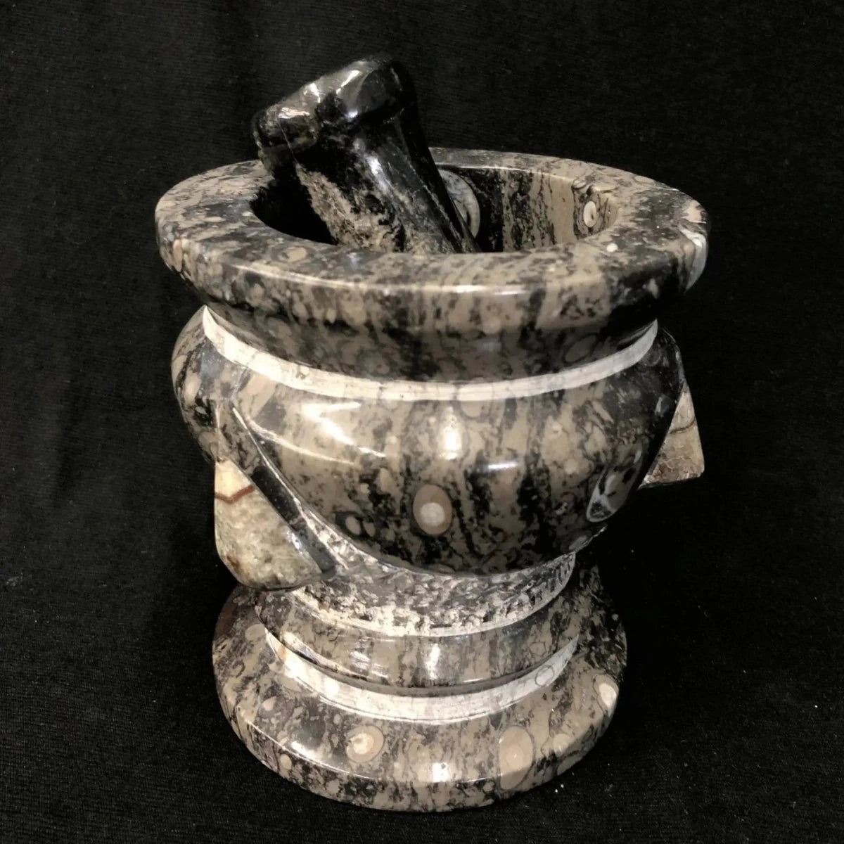Natural Fossil Mortar and Pestle Gray and Black Stone