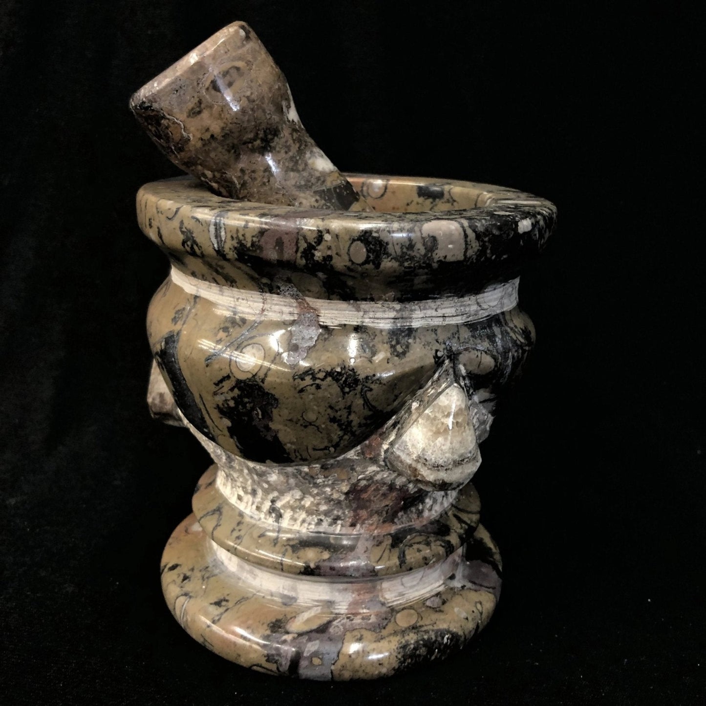 Natural Fossil Mortar and Pestle Gray and Black Stone