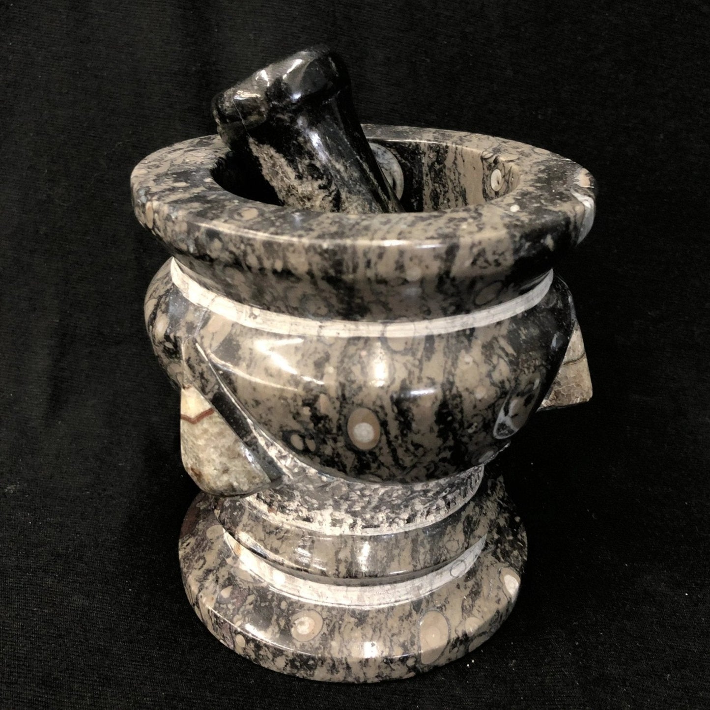 Natural Fossil Mortar and Pestle Gray and Black Stone