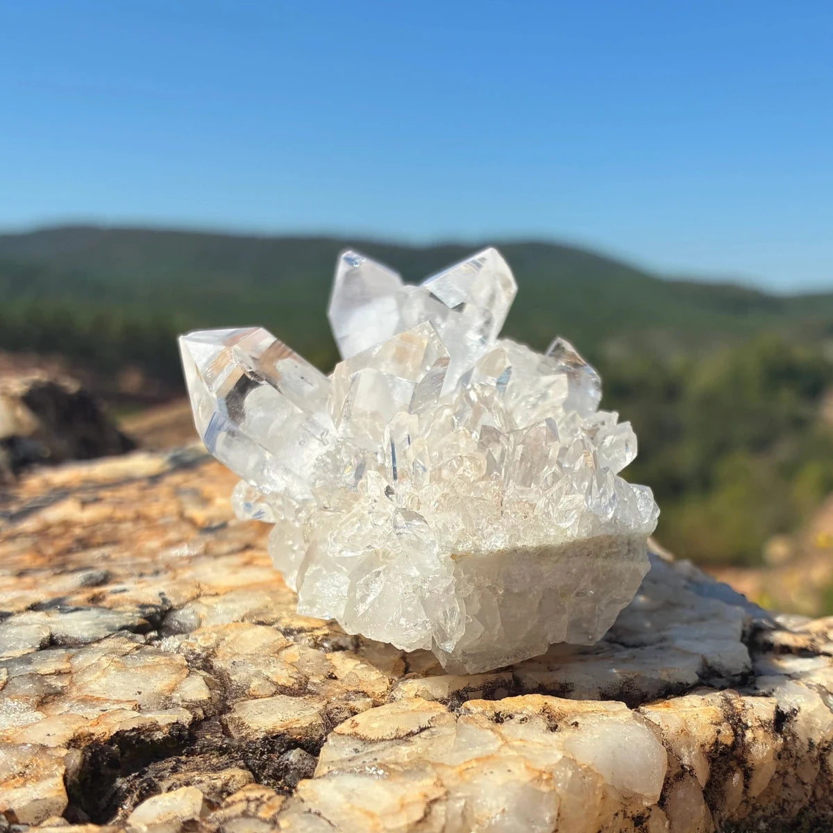 Right side of this small quartz crystal cluster on a boulder outdoors.
