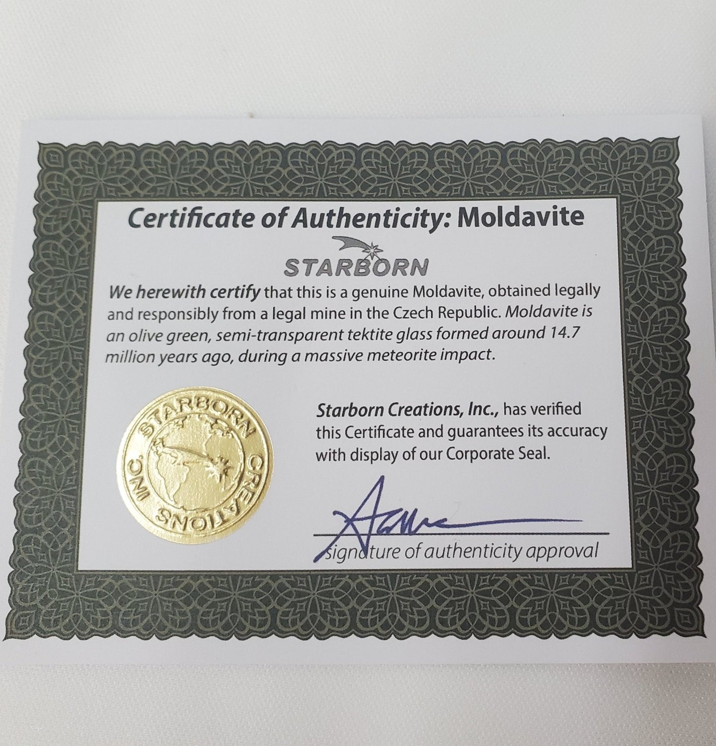 Certificate Of Authenticity For Green Moldavite