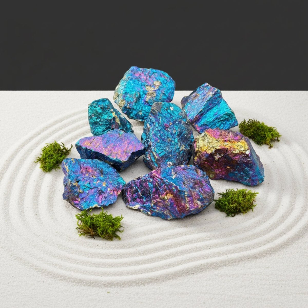 Multi-colored Peacock Pyrite in a Zen garden.