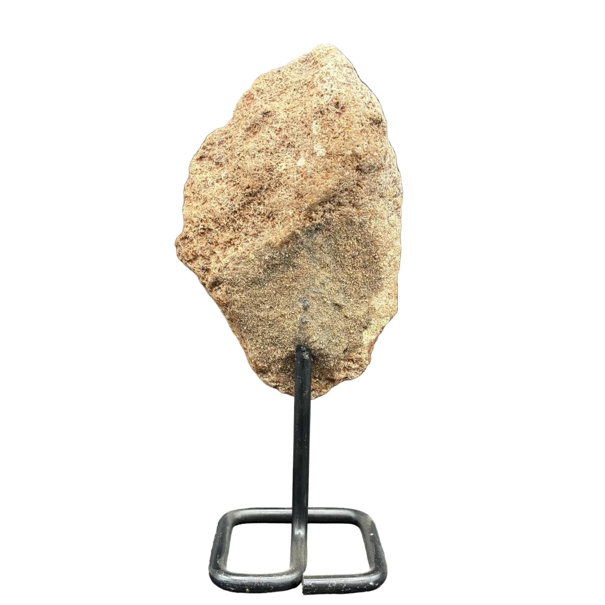 Back side of this pink amethyst on a stand, and in front of a white background.