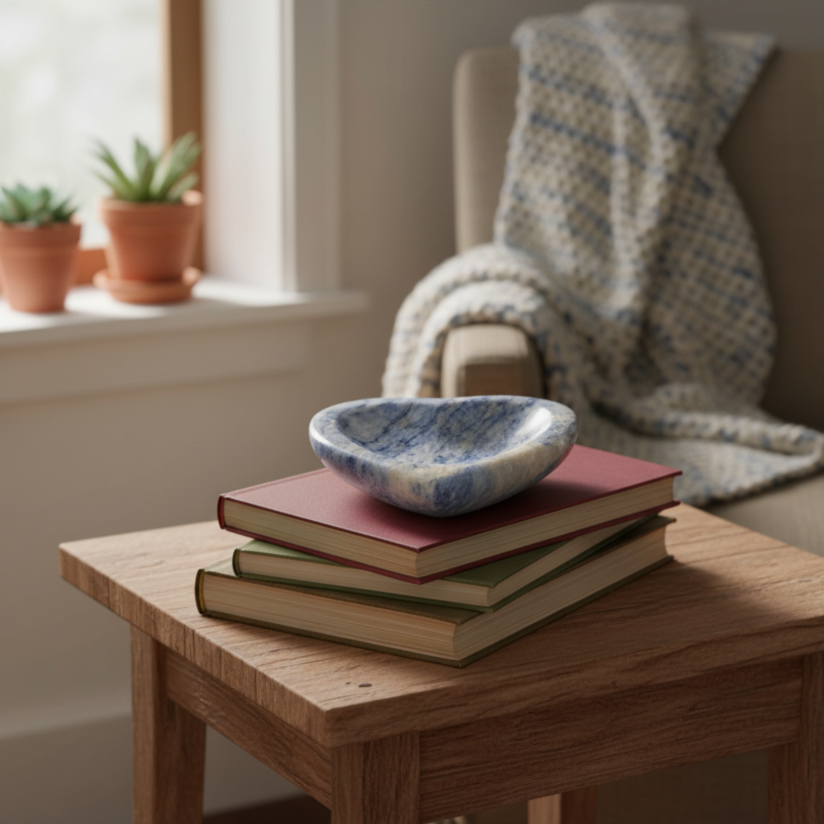 This is the side view of this Sodalite heart bowl, sitting on top of books.