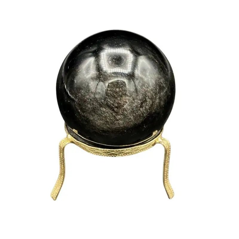Back Side Of Silversheen Obsidian Sphere Glossy Black With A Iridescent Overlay Of Silver