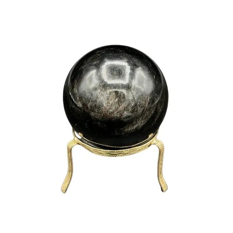 Front Side Of Silversheen Obsidian Sphere Glossy Black With A Iridescent Overlay Of Silver