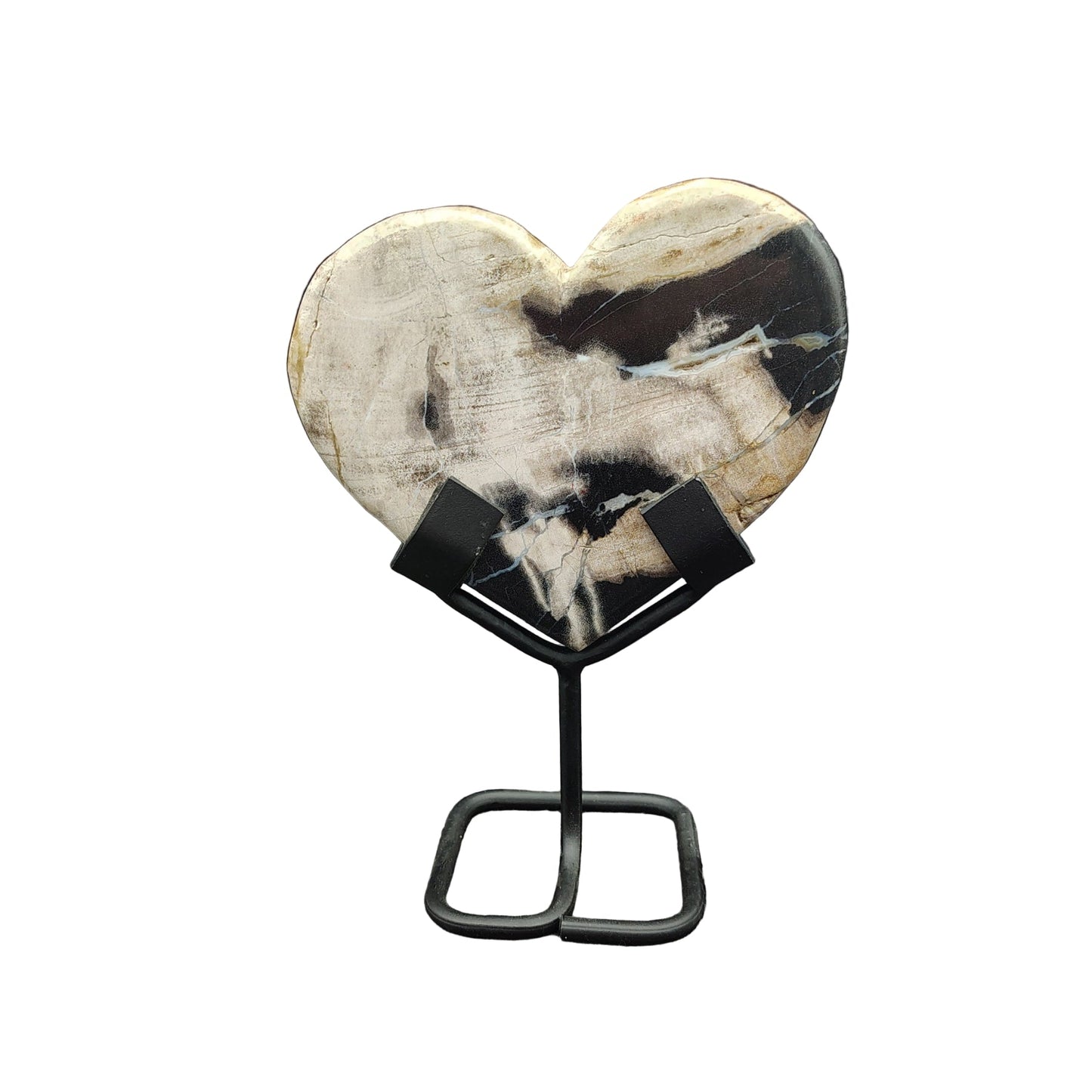 This is the back side of this polished petrified wood heart on a metal stand