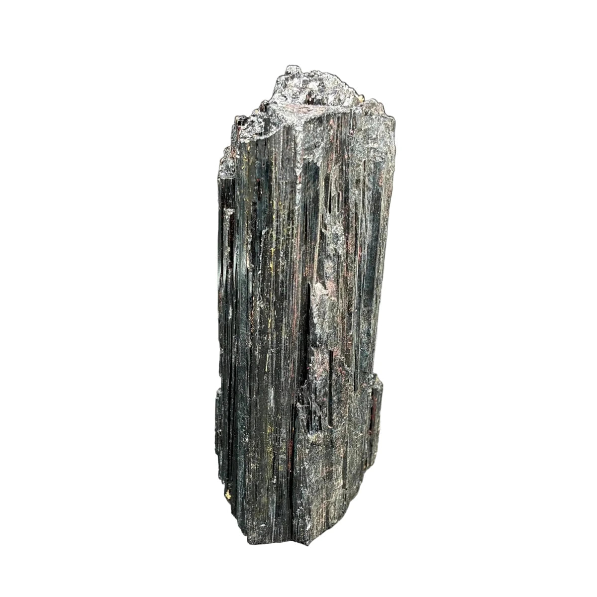 Right side of this black Tourmaline cut base specimen, in front of a white background.