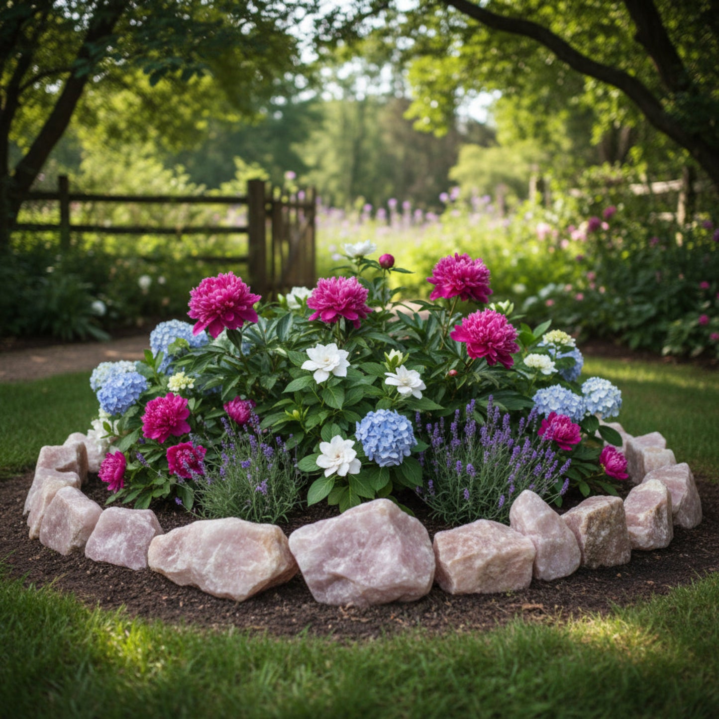Rose Quartz Rough Pieces $6.00 Per Pound Various Sizes And Color Tones, placed around a flower bed.