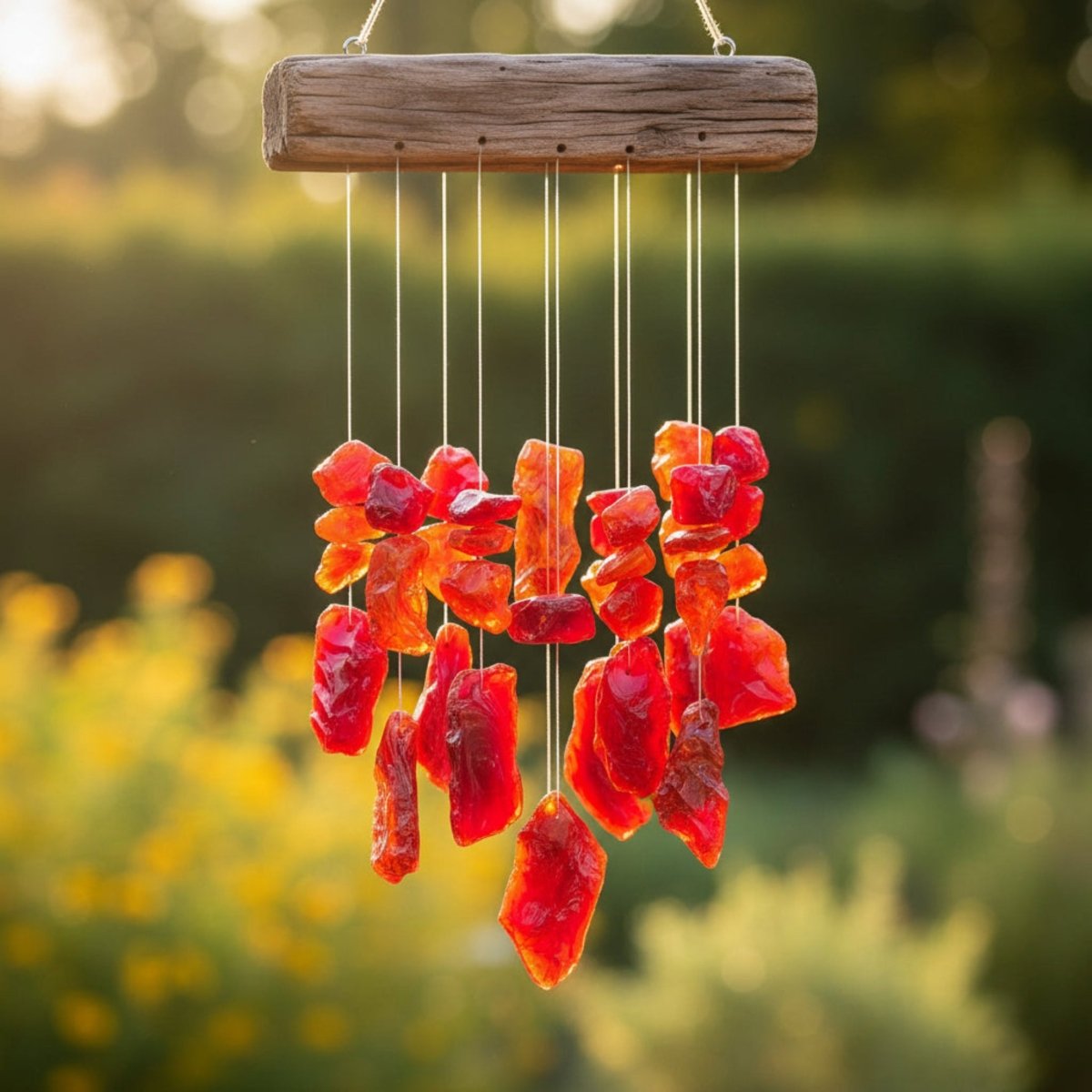 Red slag glass cut into small pieces to make a wind chime, and hug outdoors.