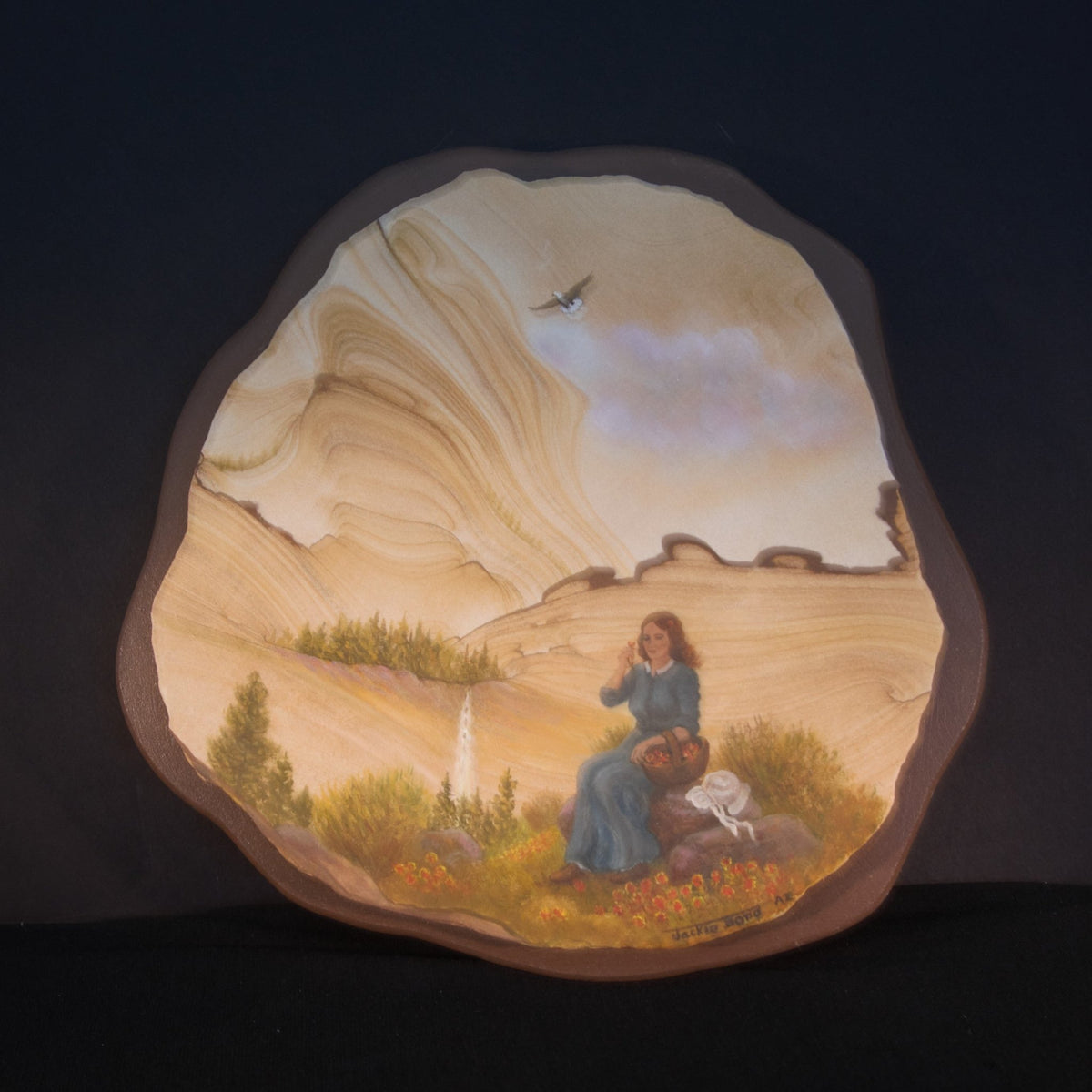 Painted Wall Art - Sandstone Painting Woman Blue Dress and Soaring Eagle