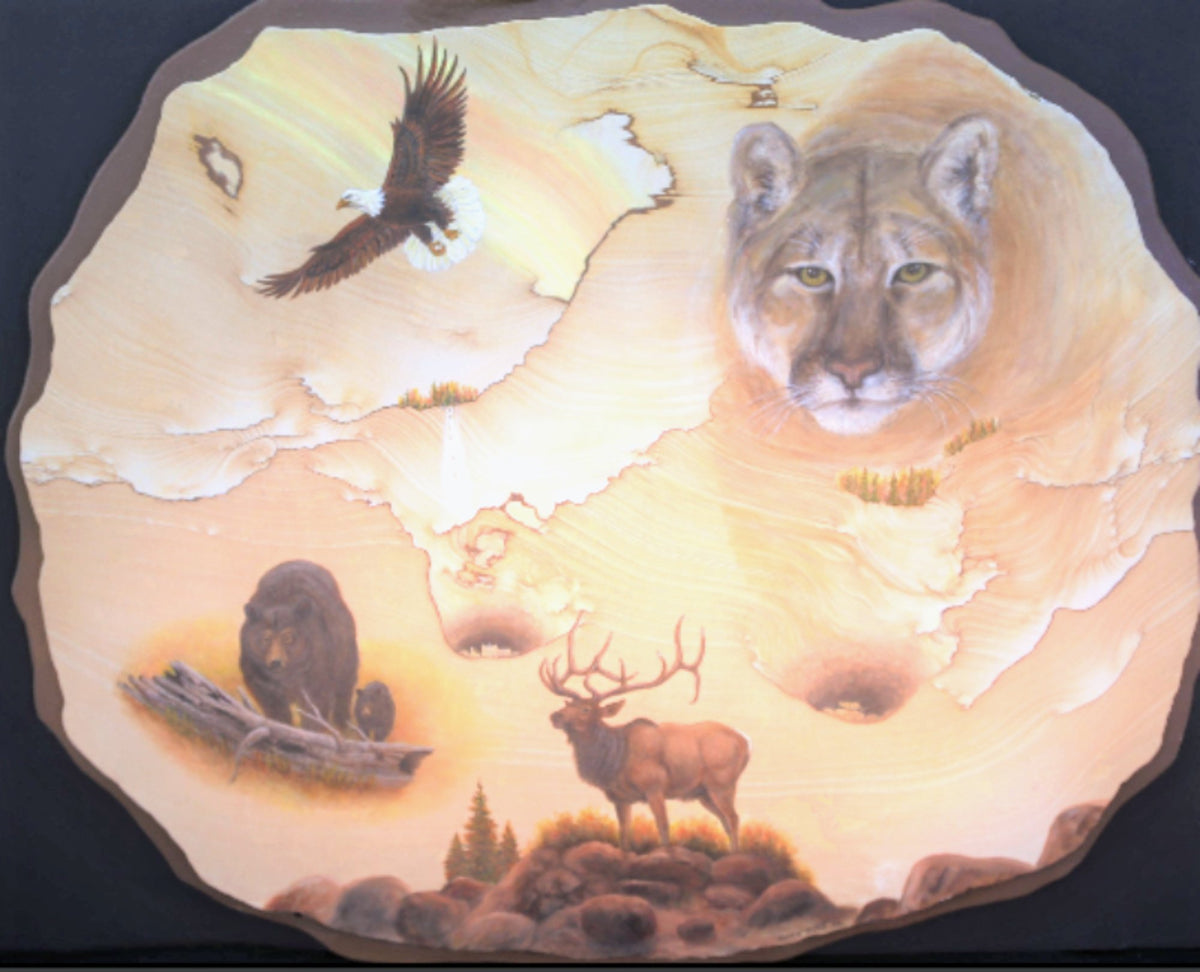 A collage Of Wild Animals Painted On Sandstone wall art