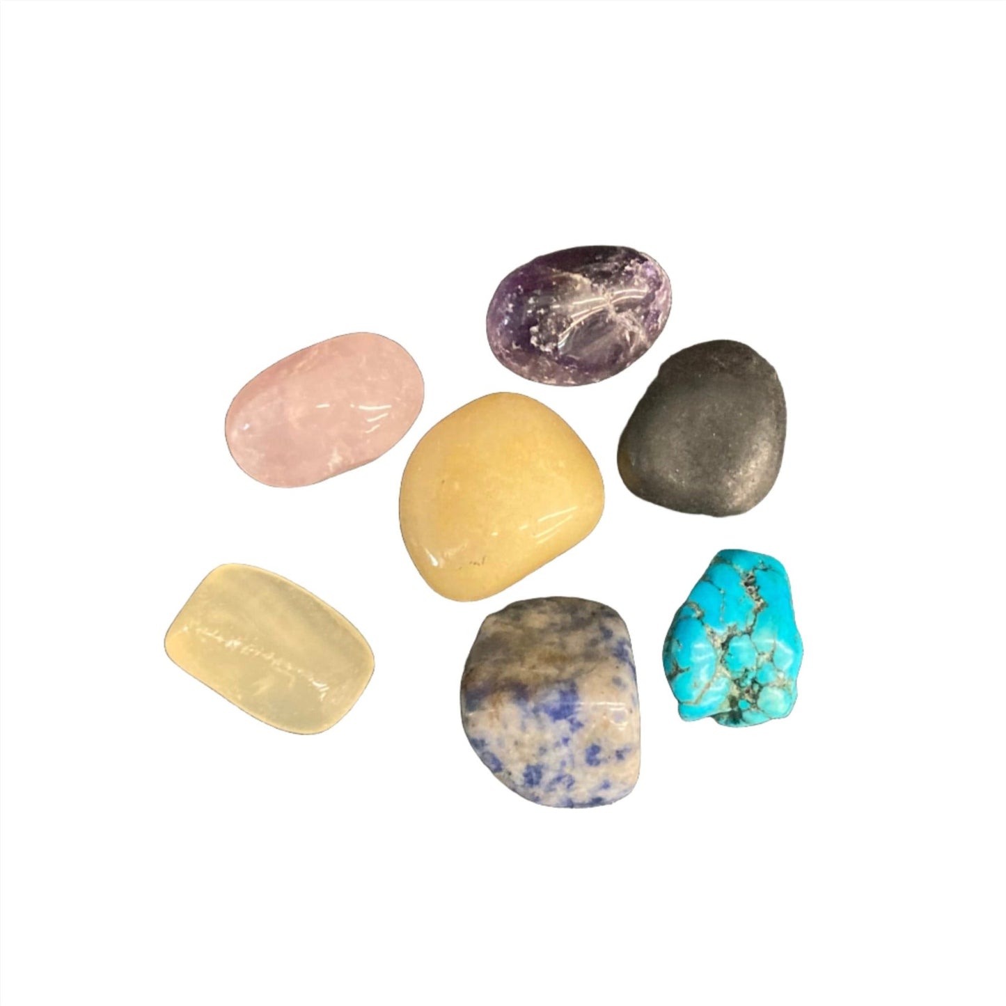 Black Obsidiian, Orange Calcite, Yellow Jasper, Rose Quartz, Turquentine, Sodalite, And Amethyst