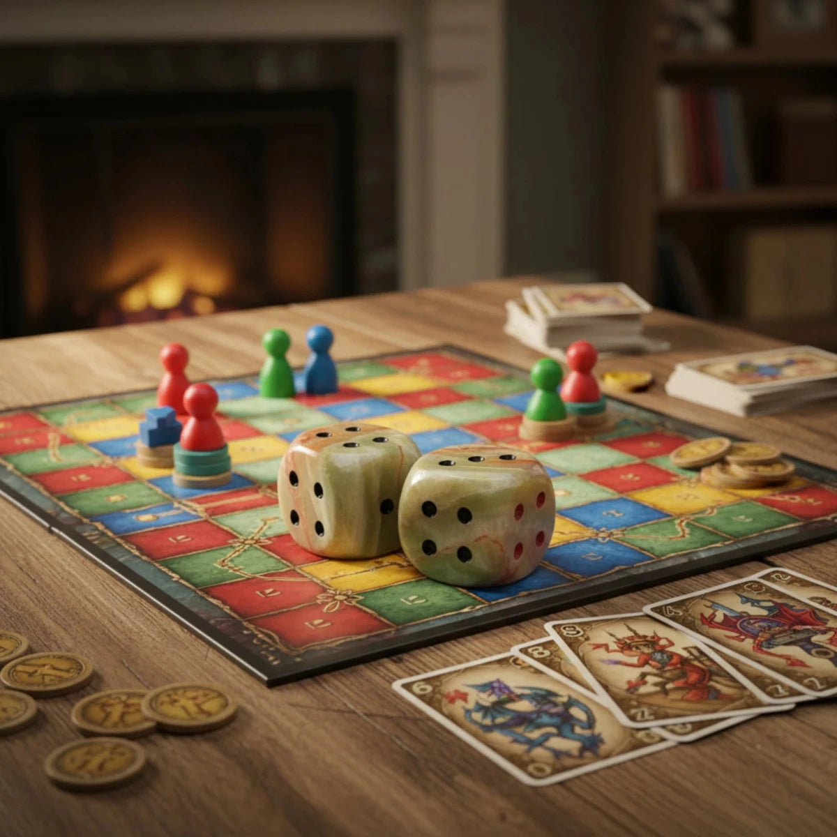 Banded onyx dice set on a board game, in a living room setting.