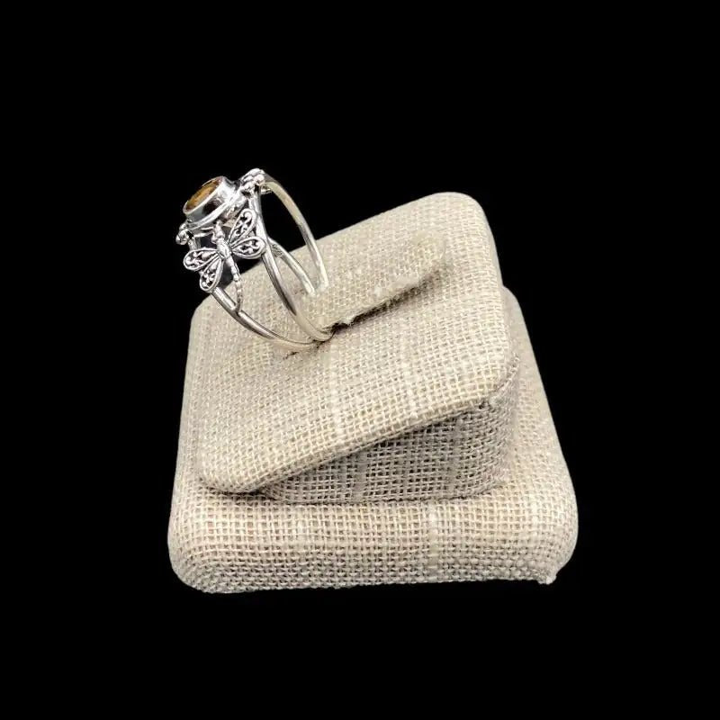 Side View Sterling Silver Dragonfly Citrine Gemstone Ring, Band Is 2 Small Dragonflys On Each Side Of The Citrine