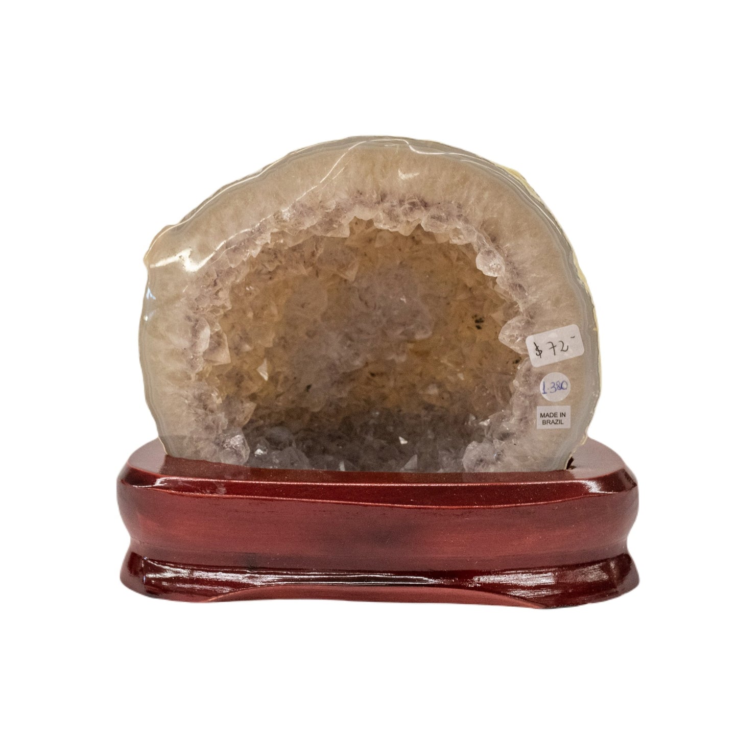 Agate Geode on Cherry Wood Color Wood Base Displaying Drusys