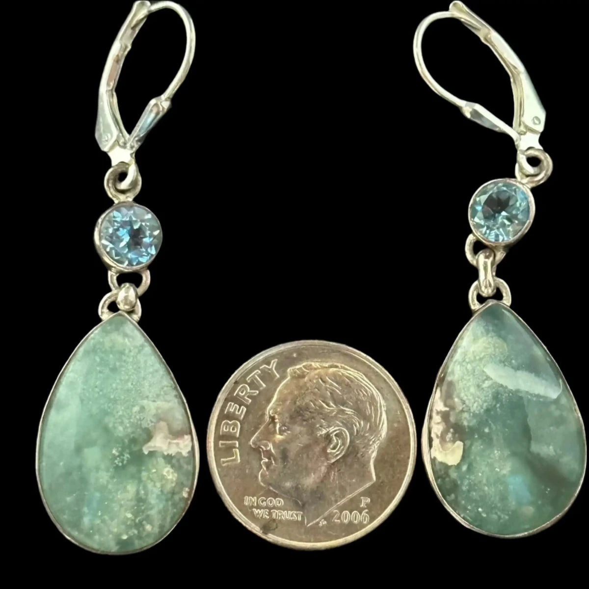 Variscite Pear Cabochon Earrings With Blue Topaz In Sterling Silver Dime For Size