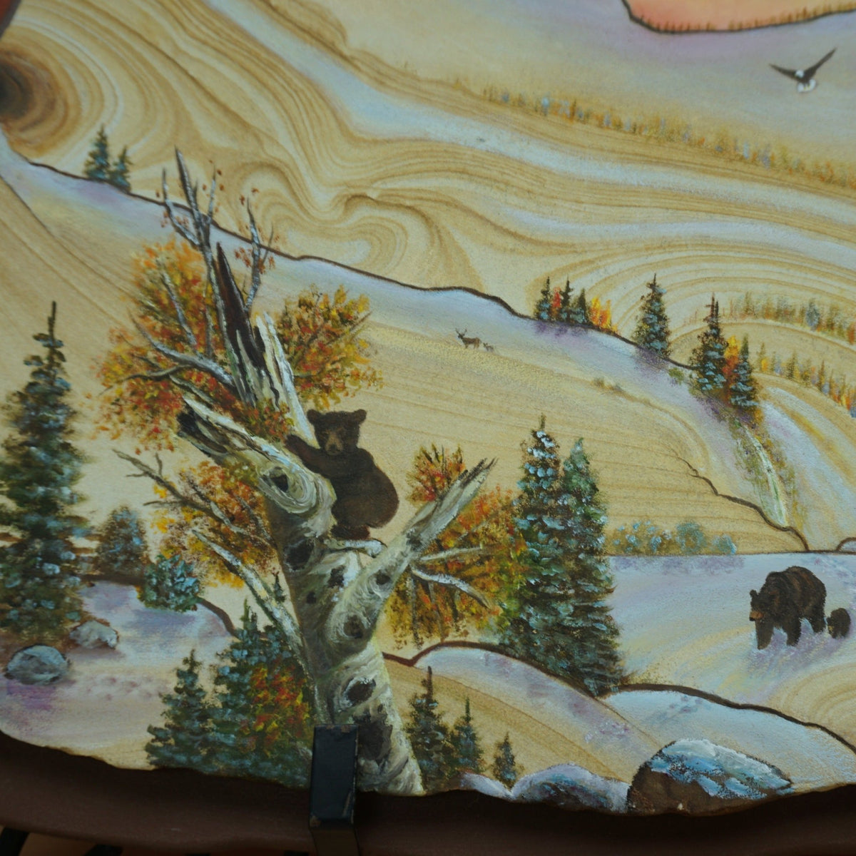 Bear Cut On Tree, Momma Bear In Background, Landscape - original painted art