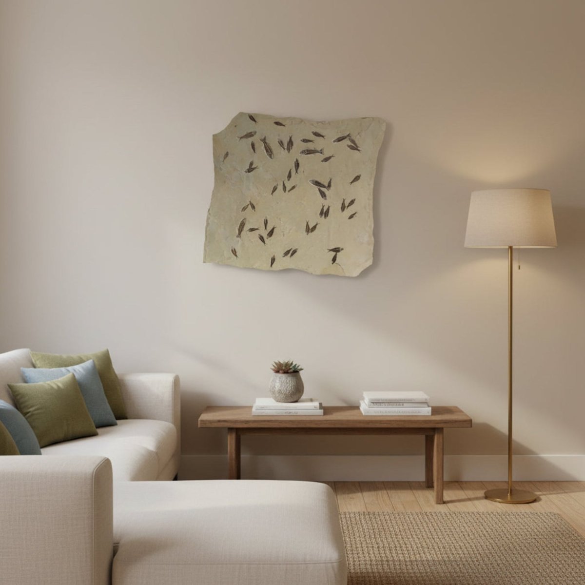 This is the fish fossil picture hanging on a wall in a cream and beige colored living area.