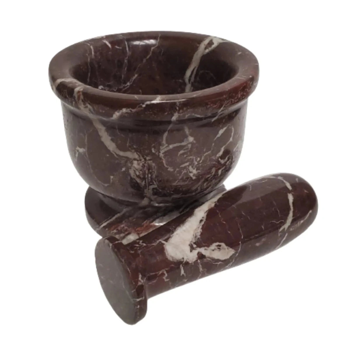 carved reddish brown stone with white veins mortar with pestle in front