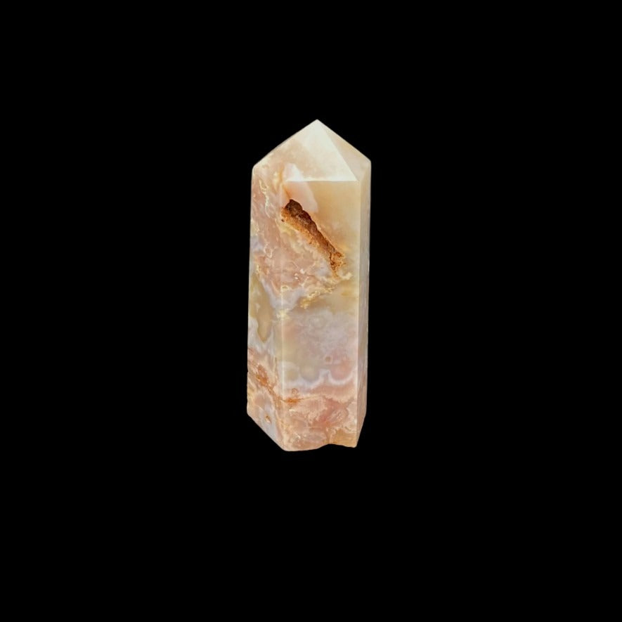 Front Side Of Flower Agate Tower Pink Cream Tan Brown Gray Colors