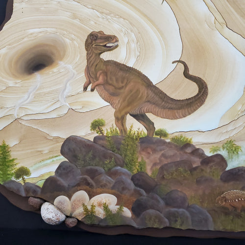 Sandstone Painting T-Rex Dinosaur Scene Close Up