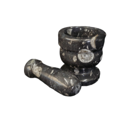Fossilized Stone Carved Mortar and Pestle Black White 