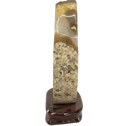 Side And Back View Of Brown Agate Geode On Wood Base