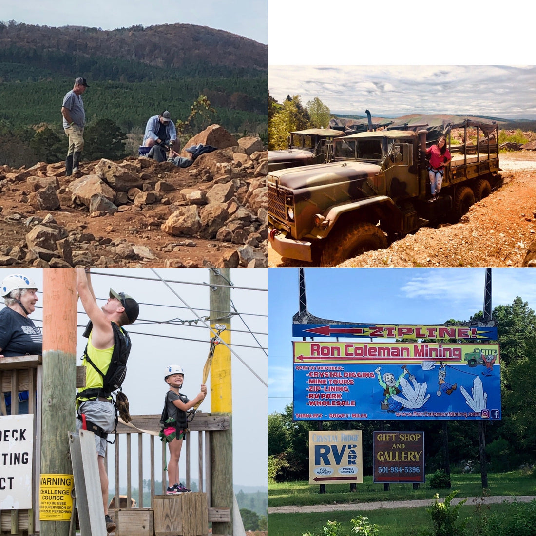 People digging crystals, zip lining, military vehicle with woman and signage for Ron Coleman Mine